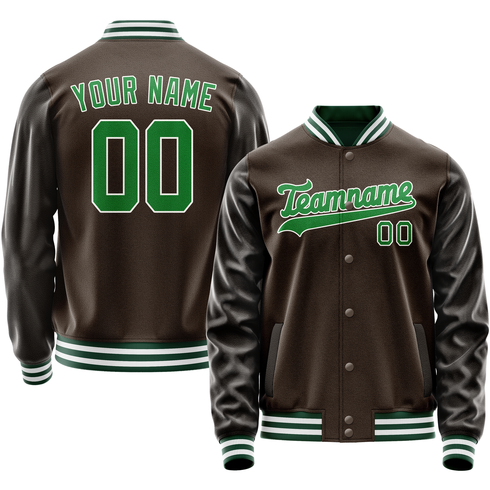 Custom Brown Neon-Green Solid Color Varsity Letterman Jacket JA02240617XF074