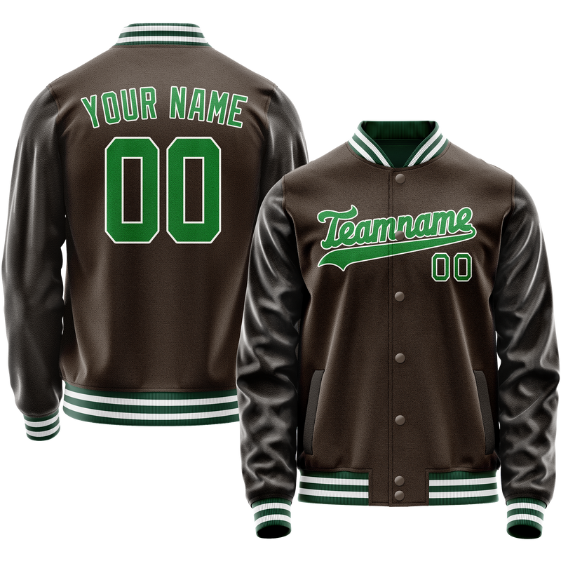 Custom Brown Neon-Green Solid Color Varsity Letterman Jacket JA02240617XF074