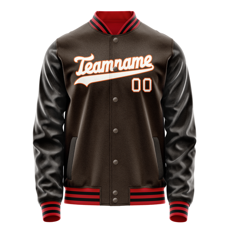 Custom Brown White Solid Color Varsity Letterman Jacket JA02240617XF067