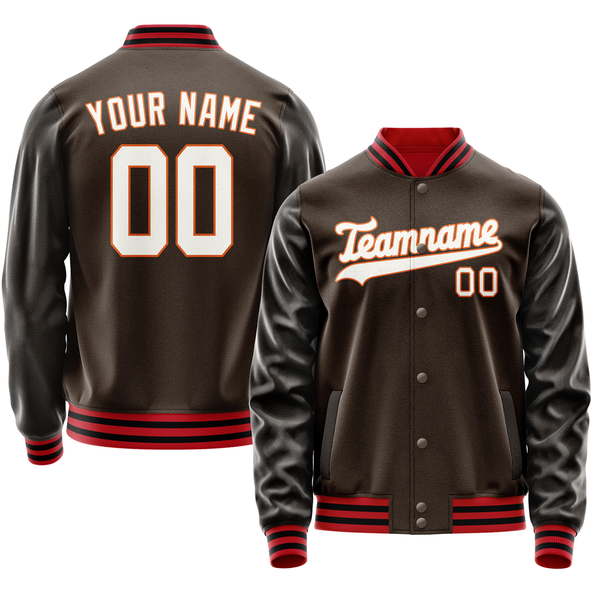 Custom Brown White Solid Color Varsity Letterman Jacket JA02240617XF067