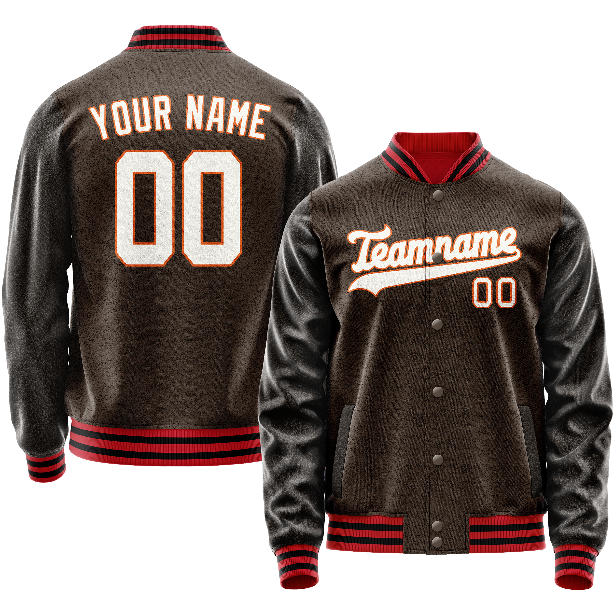 Custom Brown White Solid Color Varsity Letterman Jacket JA02240617XF067