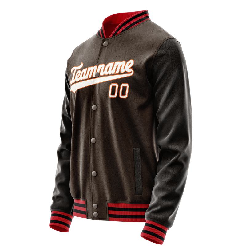 Custom Brown White Solid Color Varsity Letterman Jacket JA02240617XF067