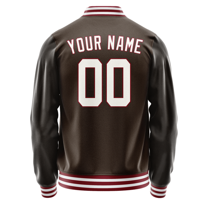 Custom Brown White Solid Color Varsity Letterman Jacket JA02240617XF077