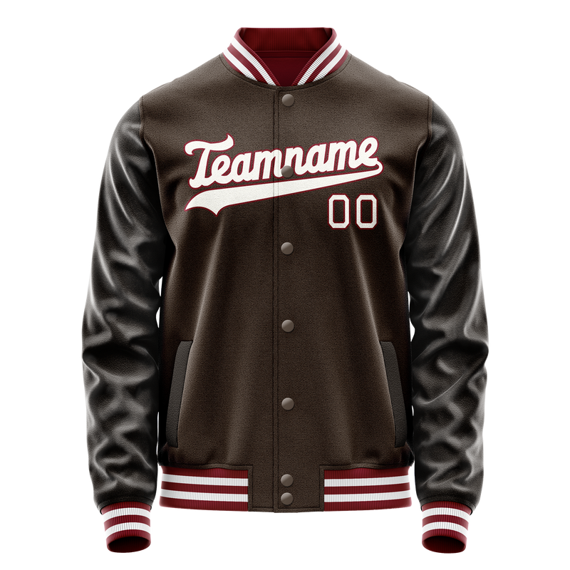 Custom Brown White Solid Color Varsity Letterman Jacket JA02240617XF077