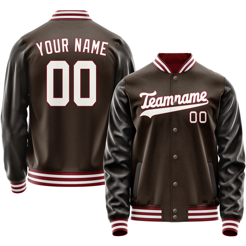 Custom Brown White Solid Color Varsity Letterman Jacket JA02240617XF077