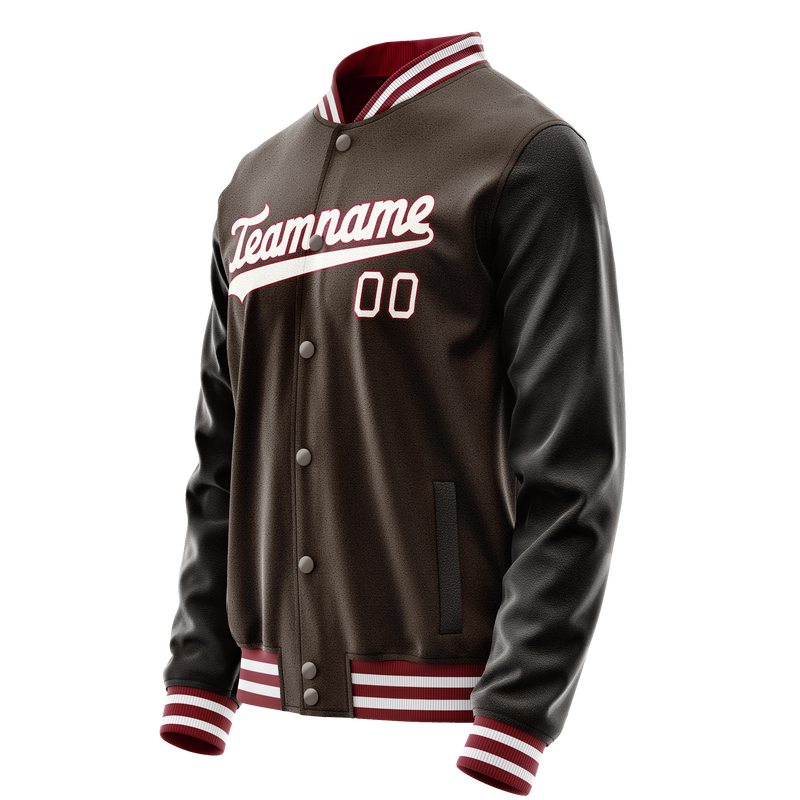 Custom Brown White Solid Color Varsity Letterman Jacket JA02240617XF077
