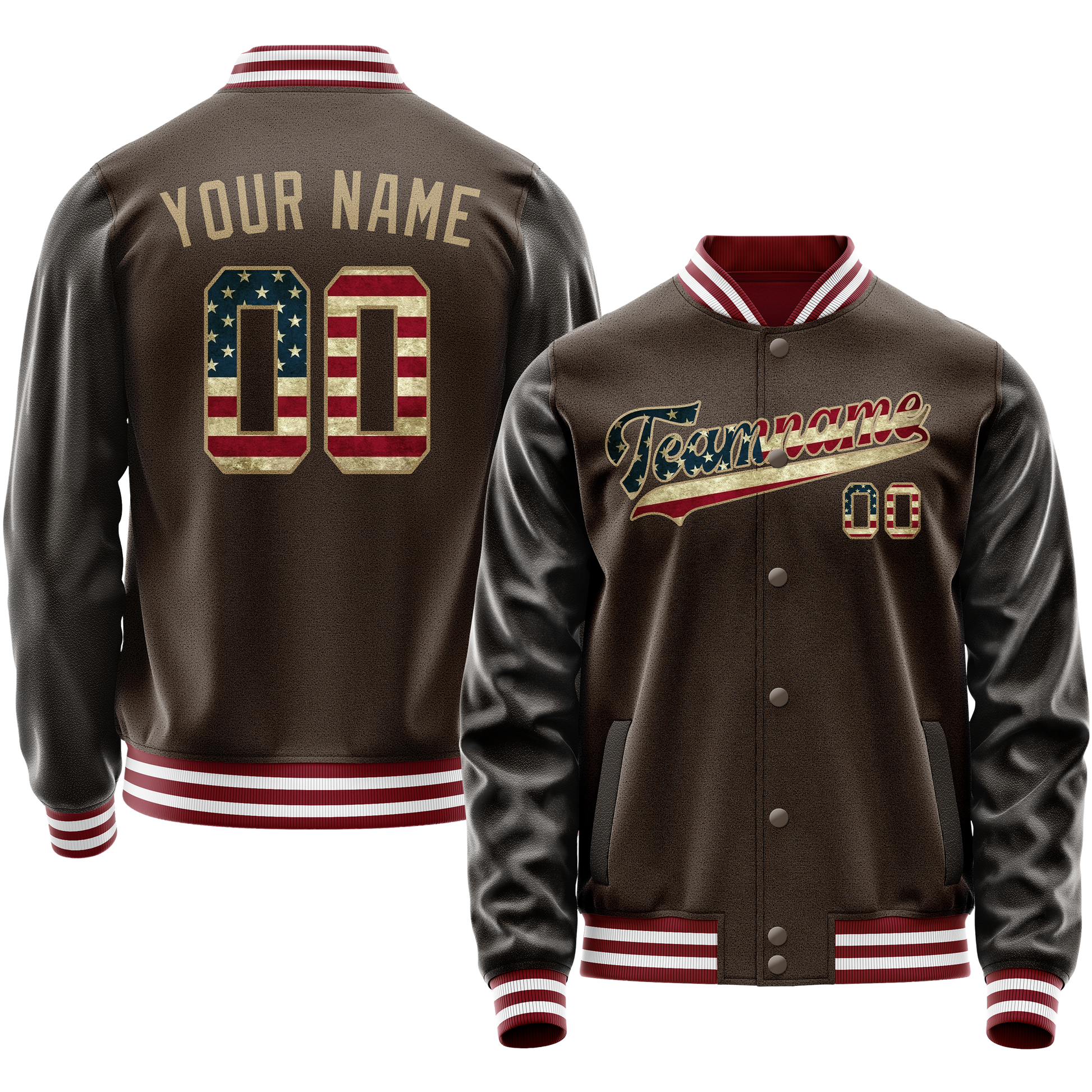 Custom Brown Cream Vintage Usa Flag Varsity Letterman Jacket JA02240617XF078