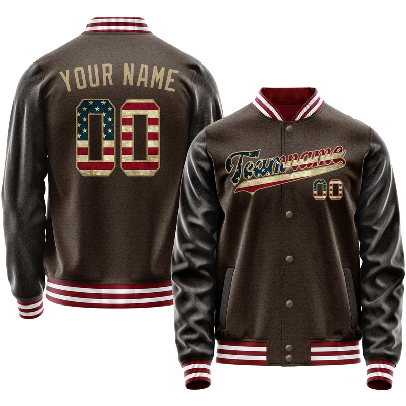 Custom Brown Cream Vintage Usa Flag Varsity Letterman Jacket JA02240617XF078