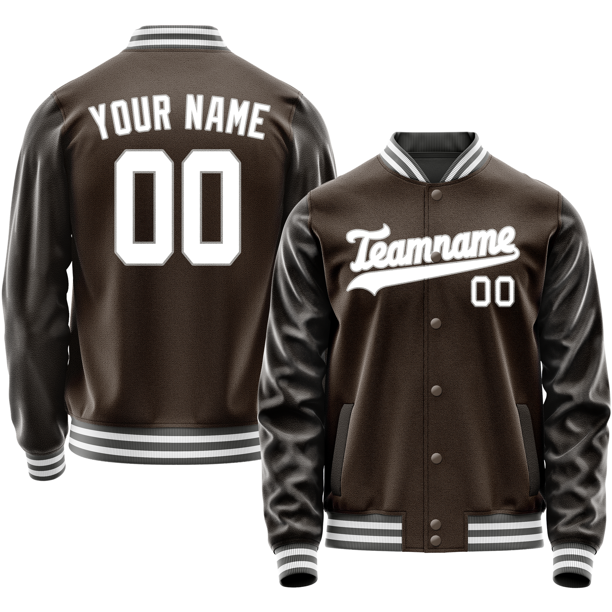 Custom Brown White Solid Color Varsity Letterman Jacket JA02240617XF062