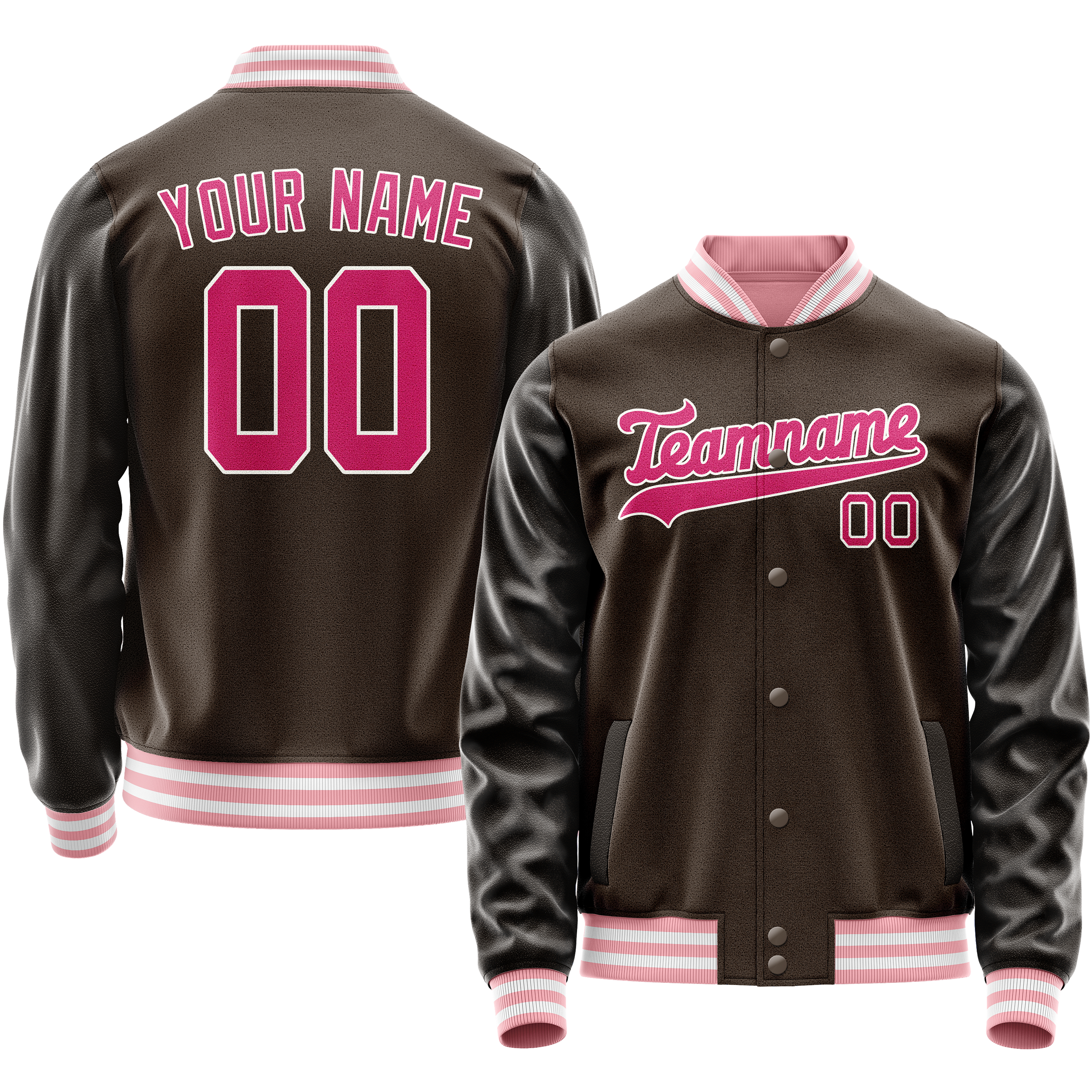 Custom Brown Pink Solid Color Varsity Letterman Jacket JA02240617XF072