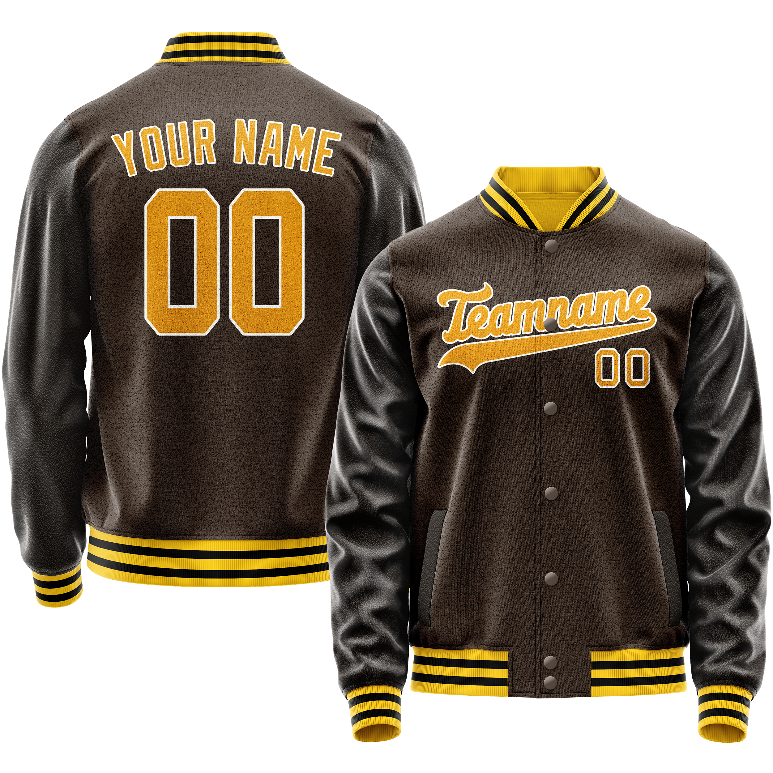 Custom Brown Gold Solid Color Varsity Letterman Jacket JA02240617XF085