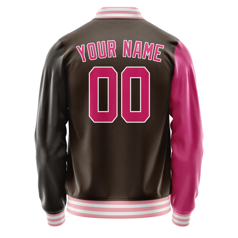 Custom Brown Pink Split Varsity Letterman Jacket JA02240617XF079