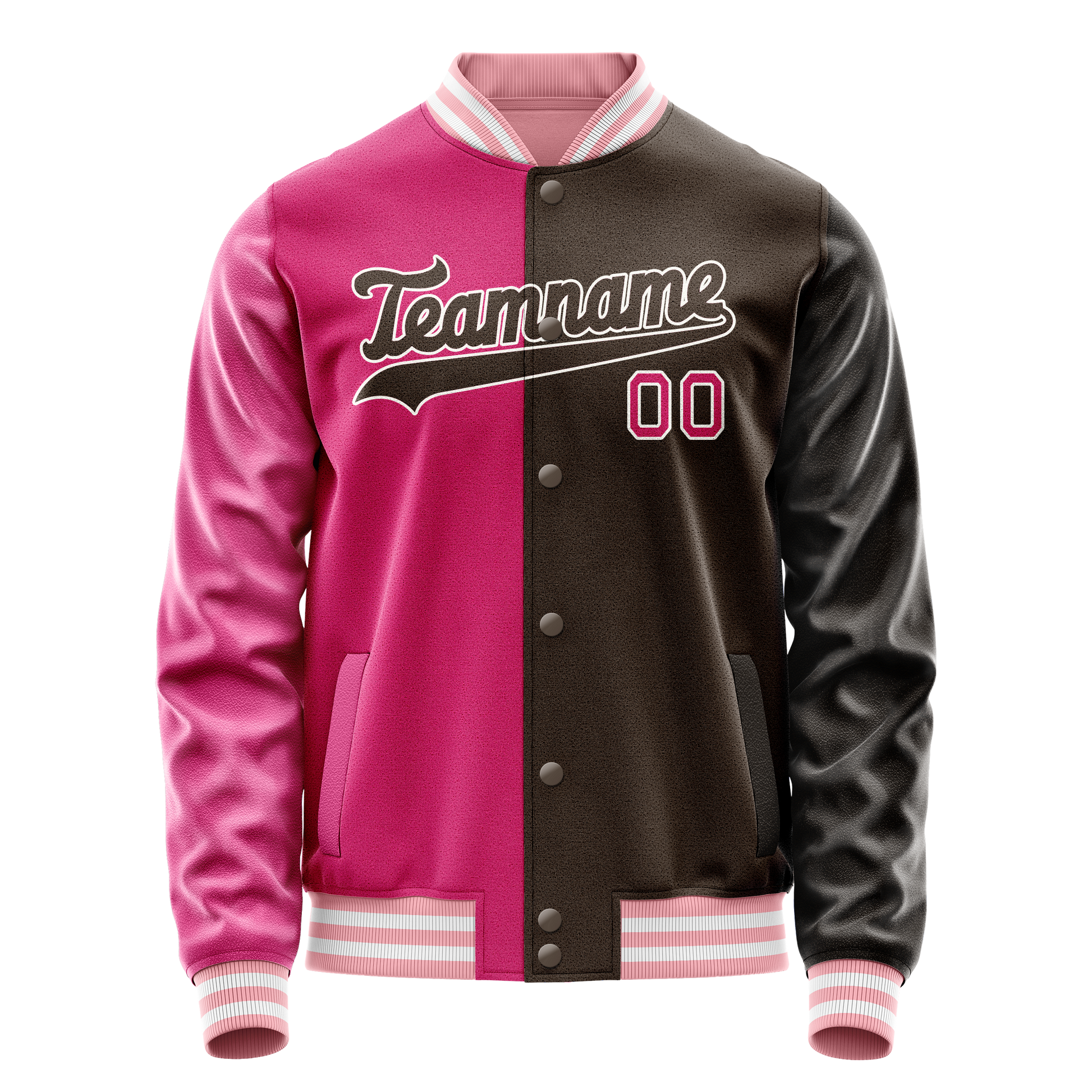 Custom Brown Pink Split Varsity Letterman Jacket JA02240617XF079