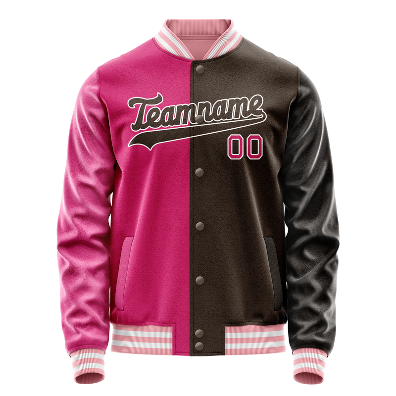 Custom Brown Pink Split Varsity Letterman Jacket JA02240617XF079