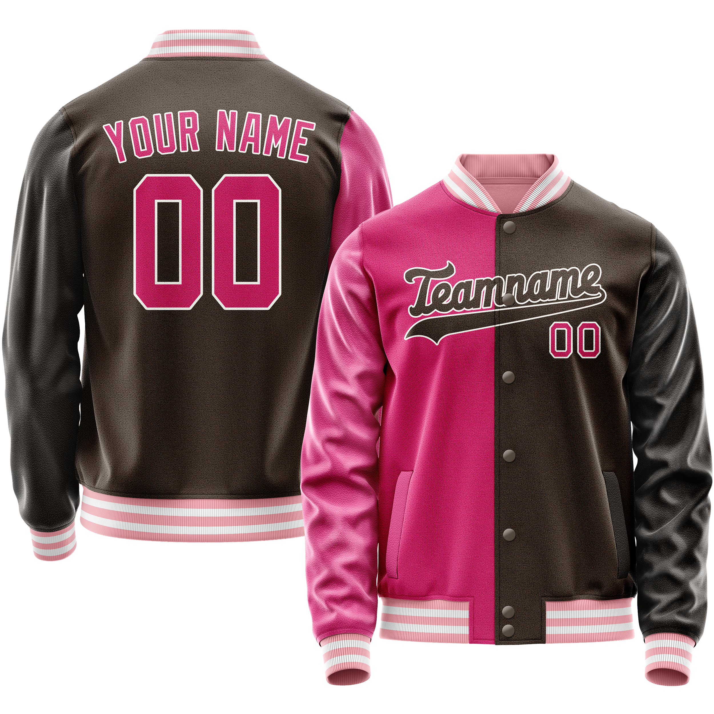 Custom Brown Pink Split Varsity Letterman Jacket JA02240617XF079