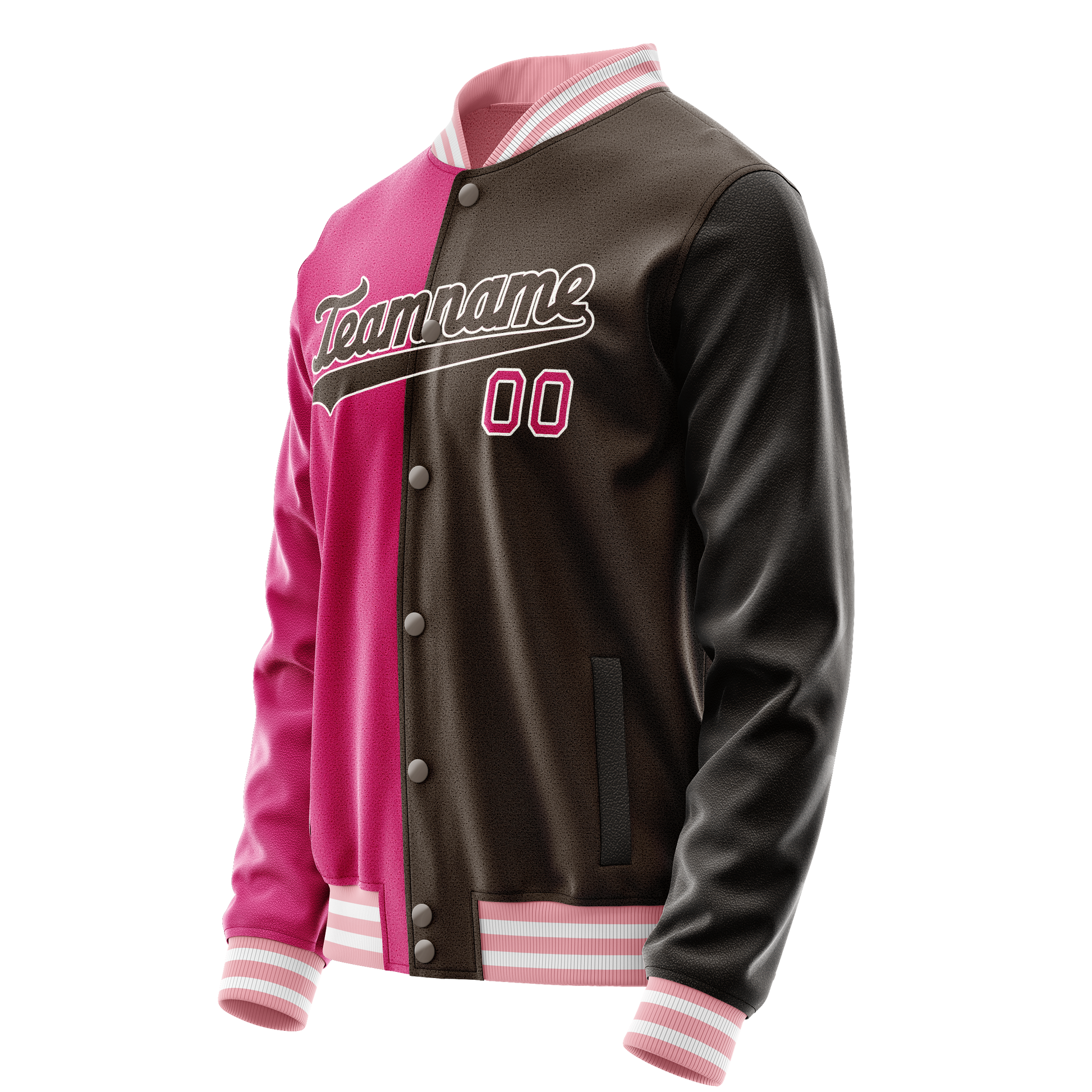 Custom Brown Pink Split Varsity Letterman Jacket JA02240617XF079
