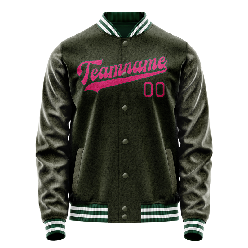 Custom Olive Pink Solid Color Varsity Letterman Jacket JA02240617LH308