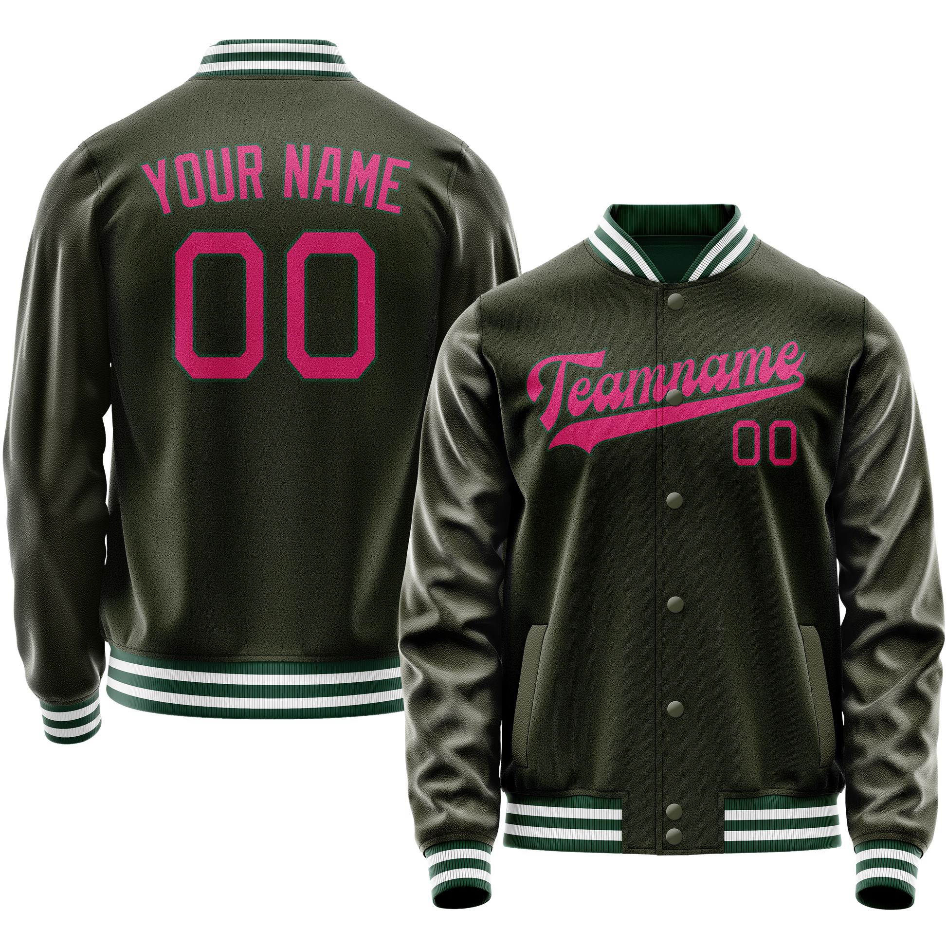 Custom Olive Pink Solid Color Varsity Letterman Jacket JA02240617LH308