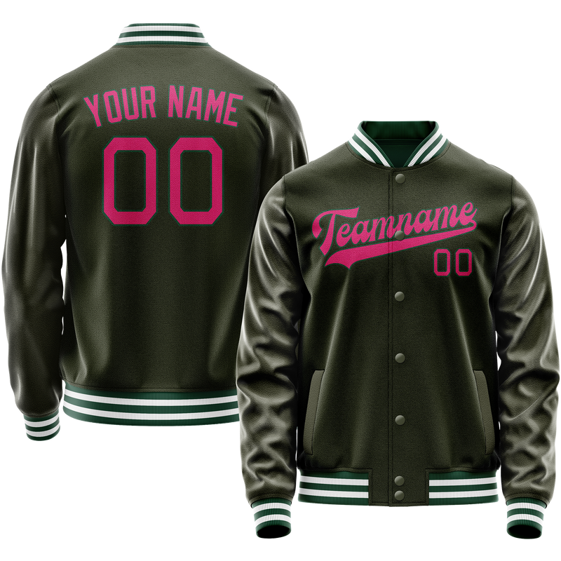 Custom Olive Pink Solid Color Varsity Letterman Jacket JA02240617LH308