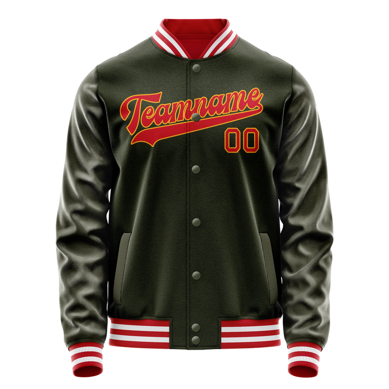 Custom Olive Red Solid Color Varsity Letterman Jacket JA02240617LH322