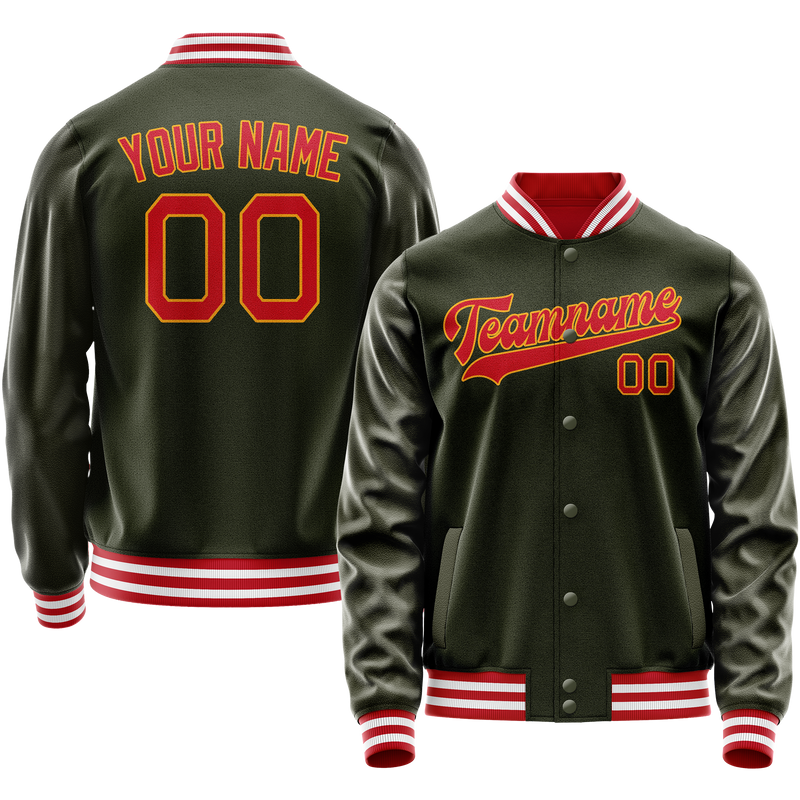 Custom Olive Red Solid Color Varsity Letterman Jacket JA02240617LH322