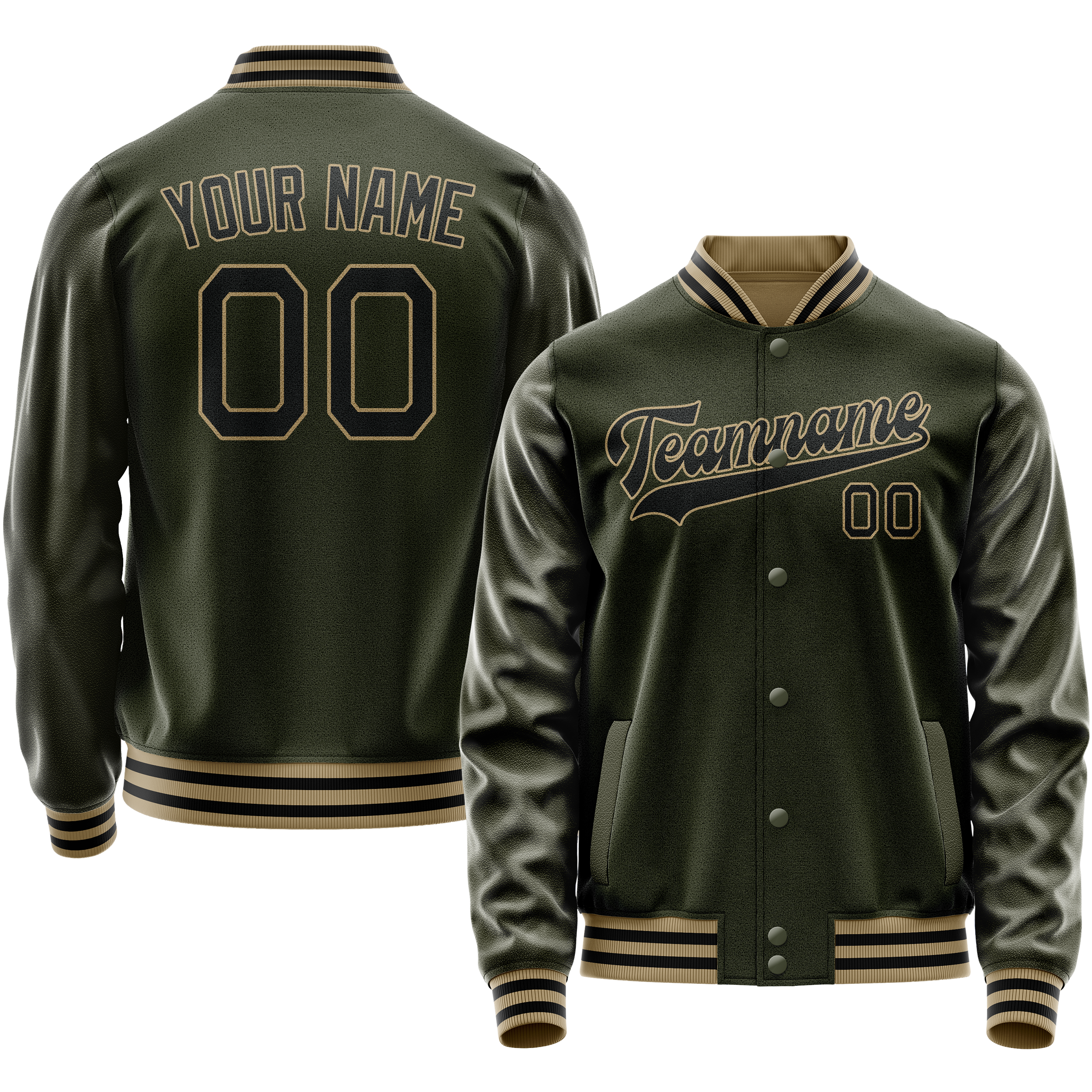 Custom Olive Black Solid Color Varsity Letterman Jacket JA02240617LH307