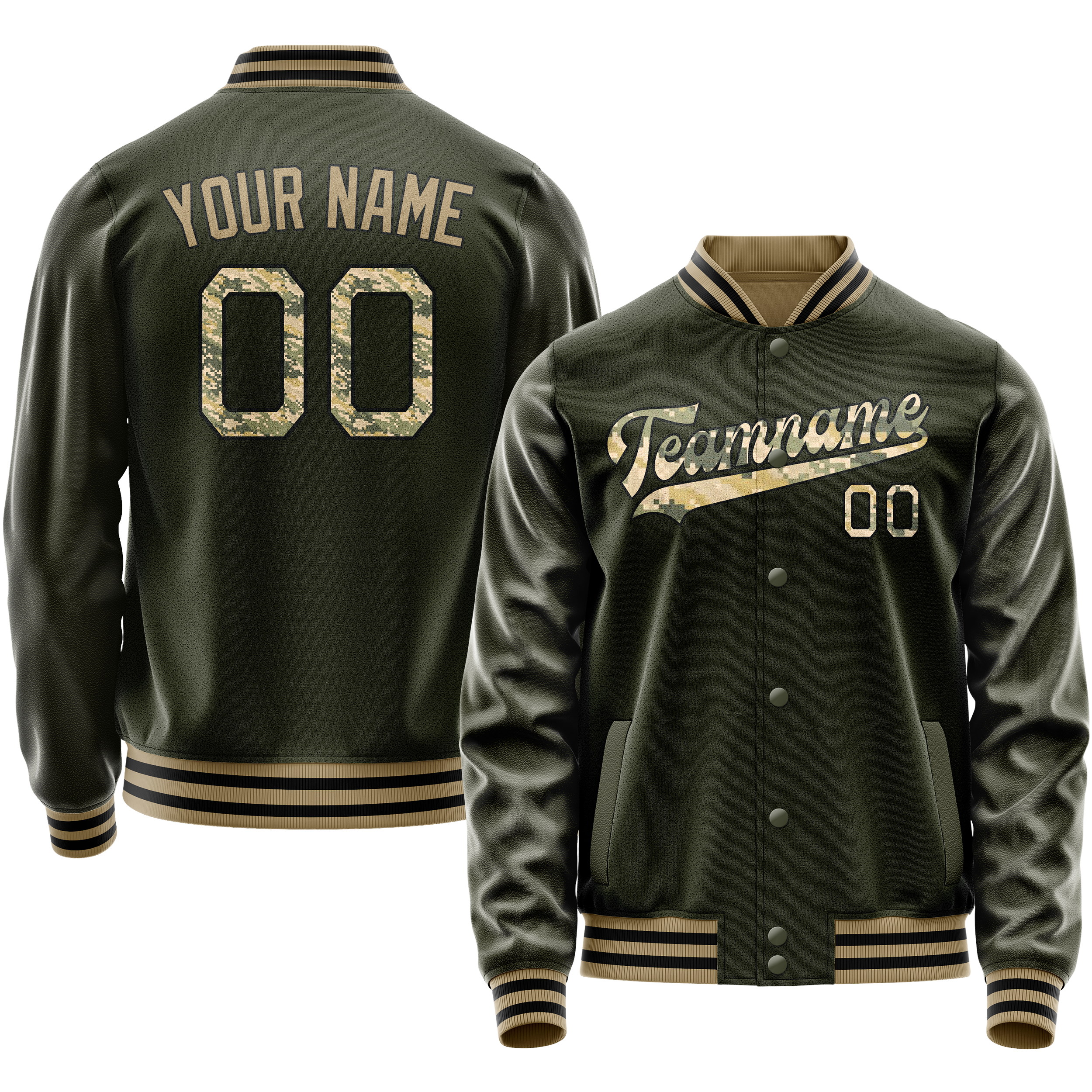Custom Olive Camo Solid Color Varsity Letterman Jacket JA02240617LH309