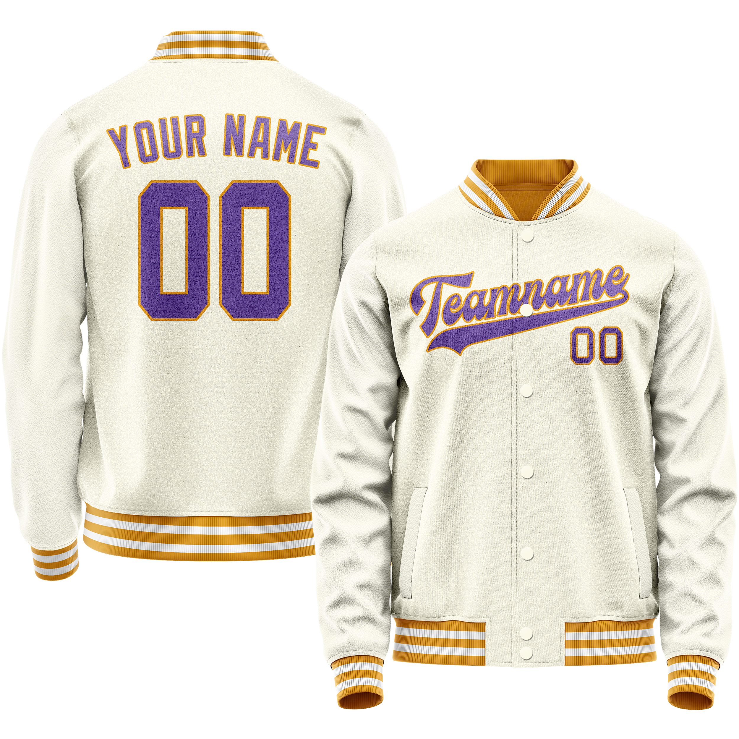 Custom Cream Purple Solid Color Varsity Letterman Jacket JA02240617JC117