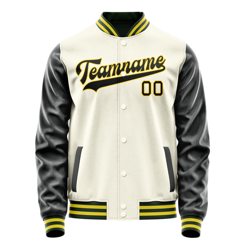 Custom Cream Black Solid Color Varsity Letterman Jacket JA02240617JC091