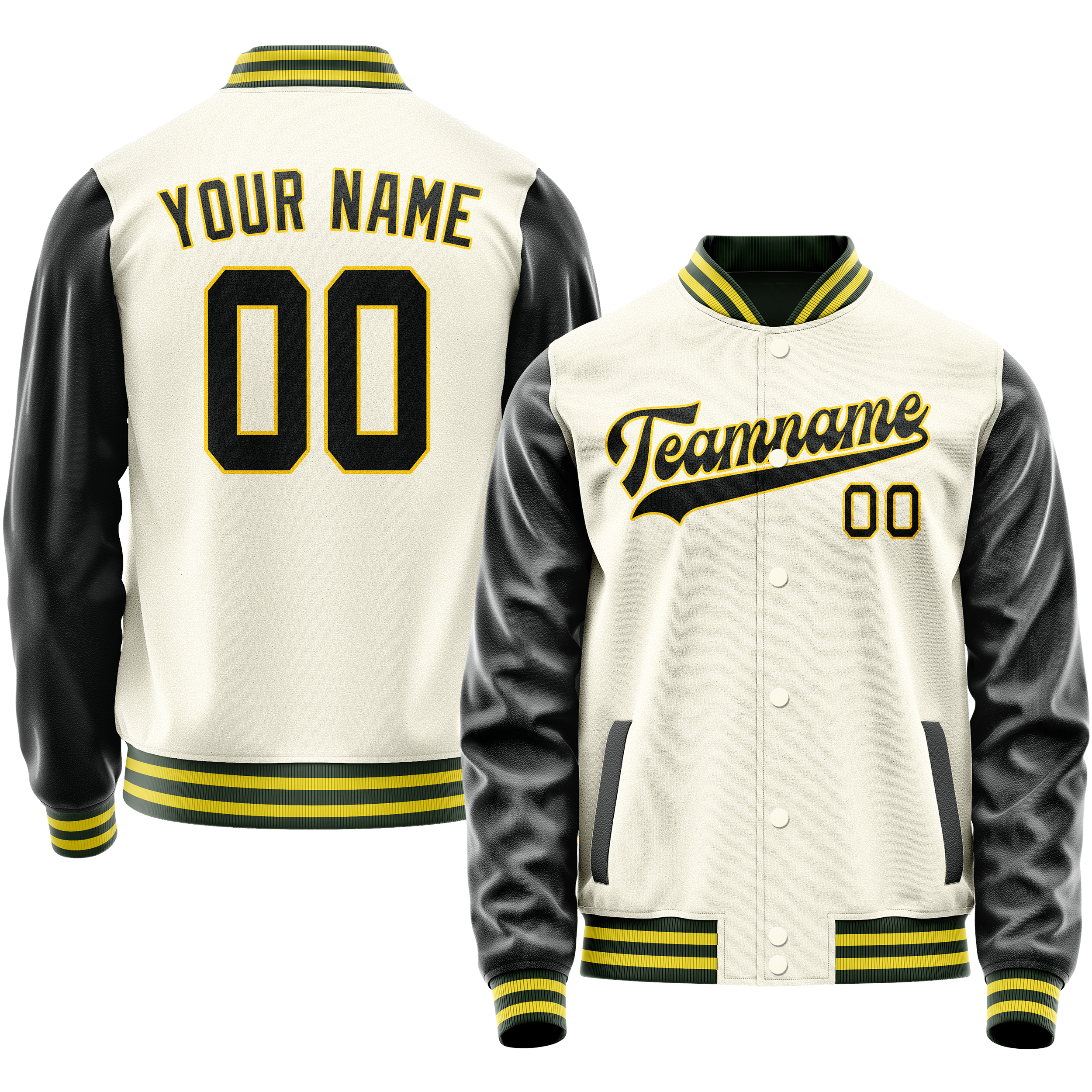 Custom Cream Black Solid Color Varsity Letterman Jacket JA02240617JC091