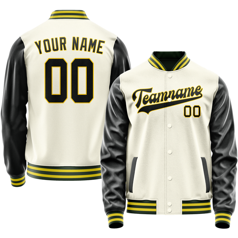 Custom Cream Black Solid Color Varsity Letterman Jacket JA02240617JC091