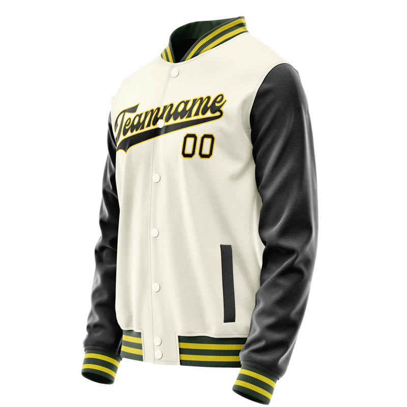 Custom Cream Black Solid Color Varsity Letterman Jacket JA02240617JC091