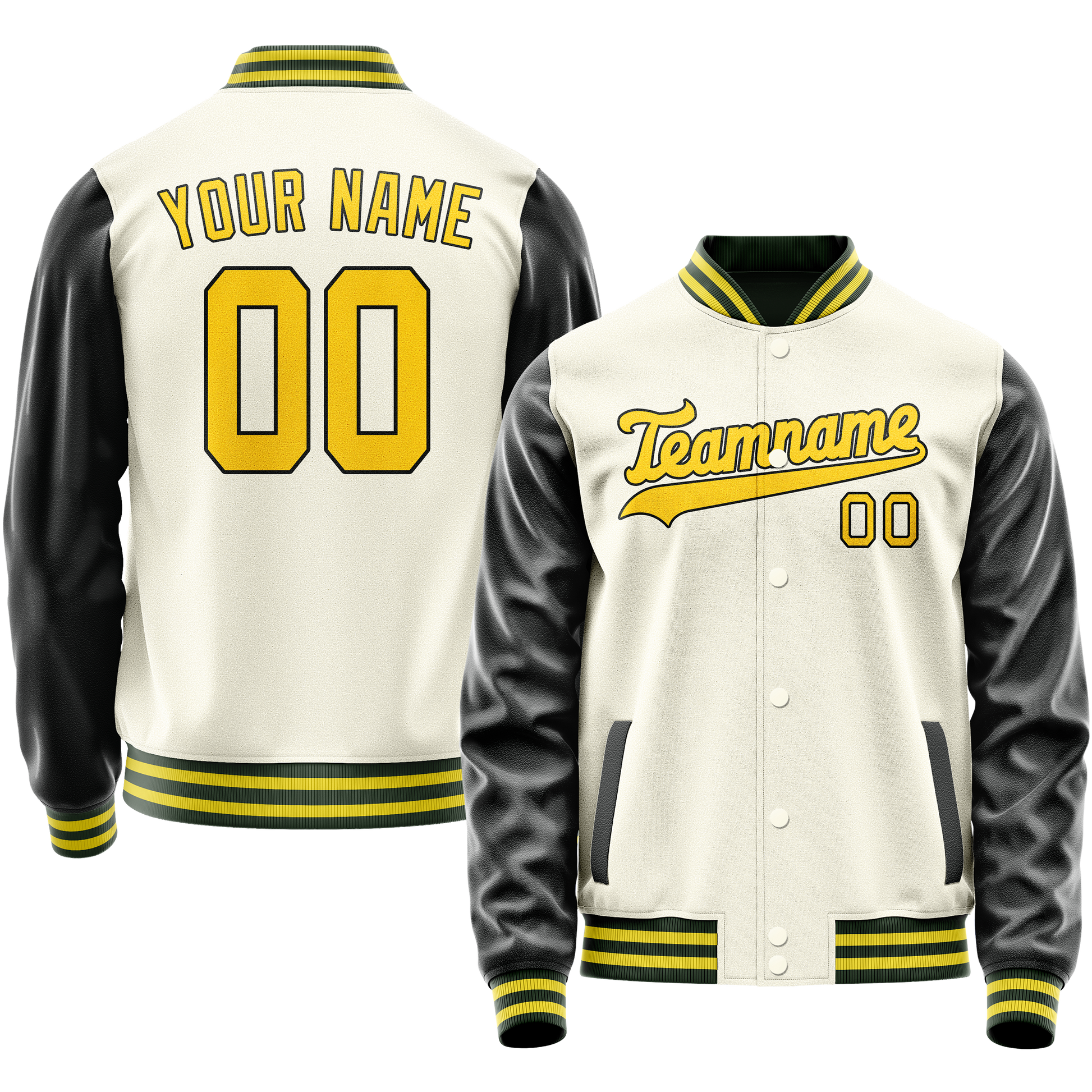 Custom Cream Black Solid Color Varsity Letterman Jacket JA02240617JC092