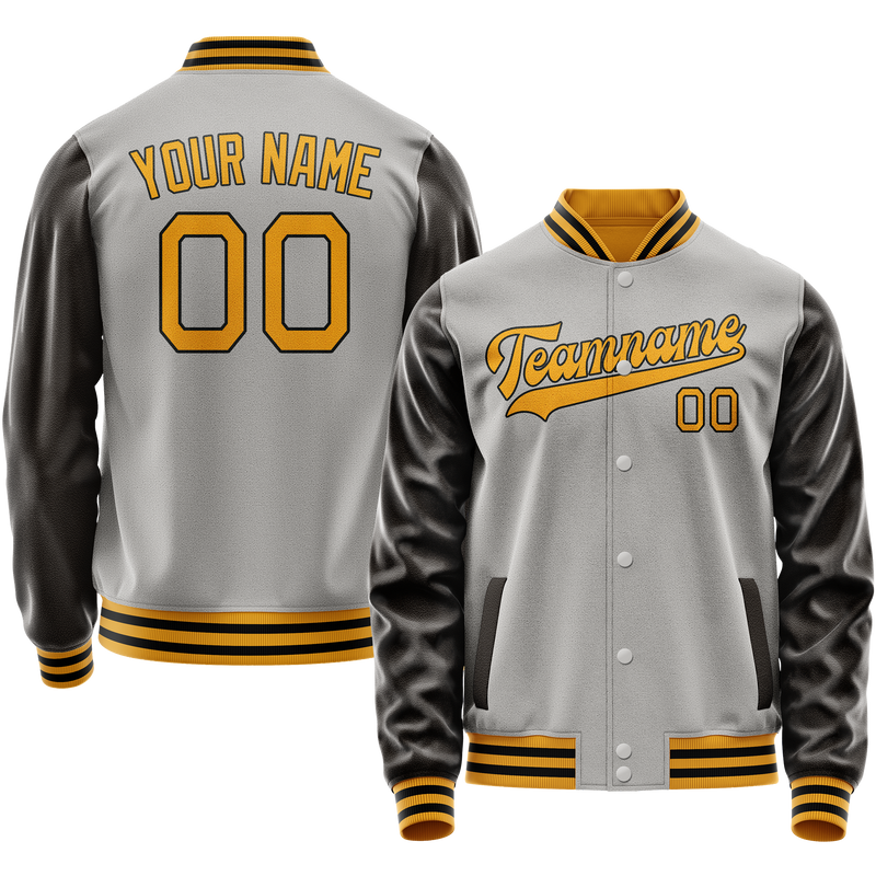 Custom Gray Brown Solid Color Varsity Letterman Jacket JA02240617YH171