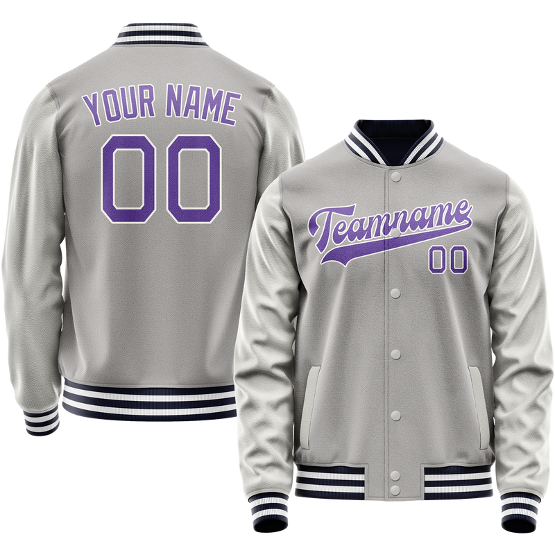 Custom Gray Purple Solid Color Varsity Letterman Jacket JA02240617YH160