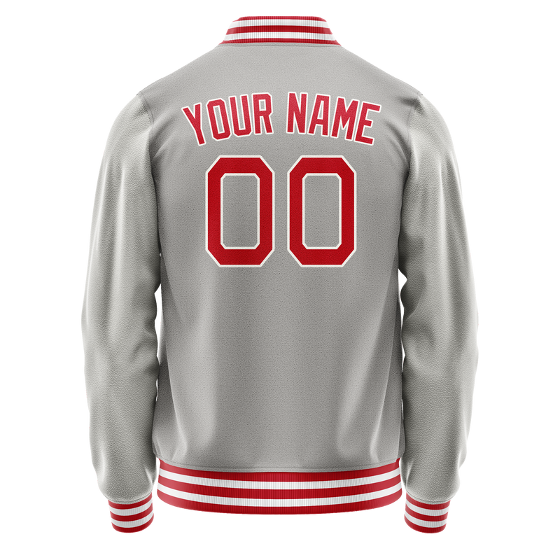 Custom Gray Red Solid Color Varsity Letterman Jacket JA02240617YH149