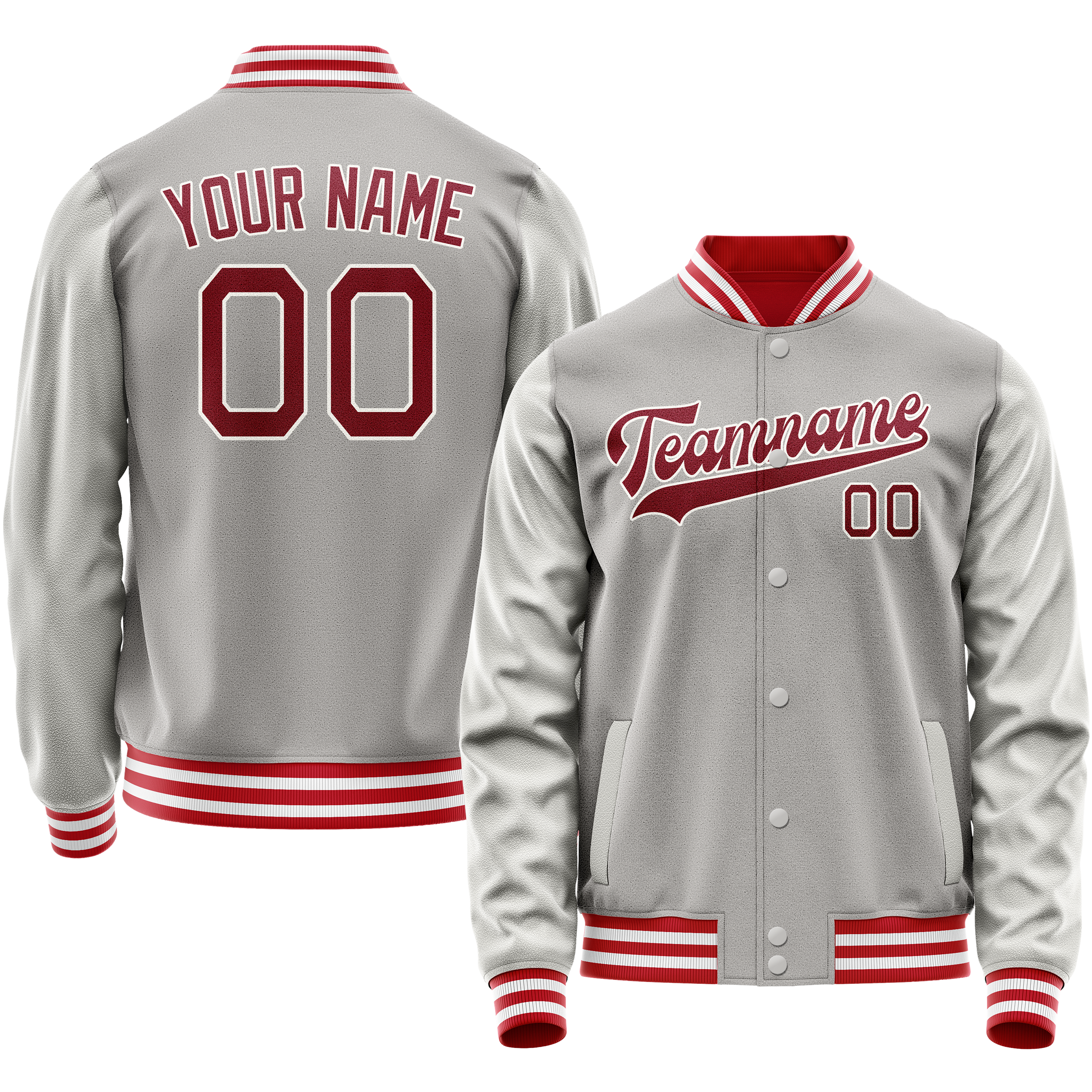 Custom Gray Red Solid Color Varsity Letterman Jacket JA02240617YH175