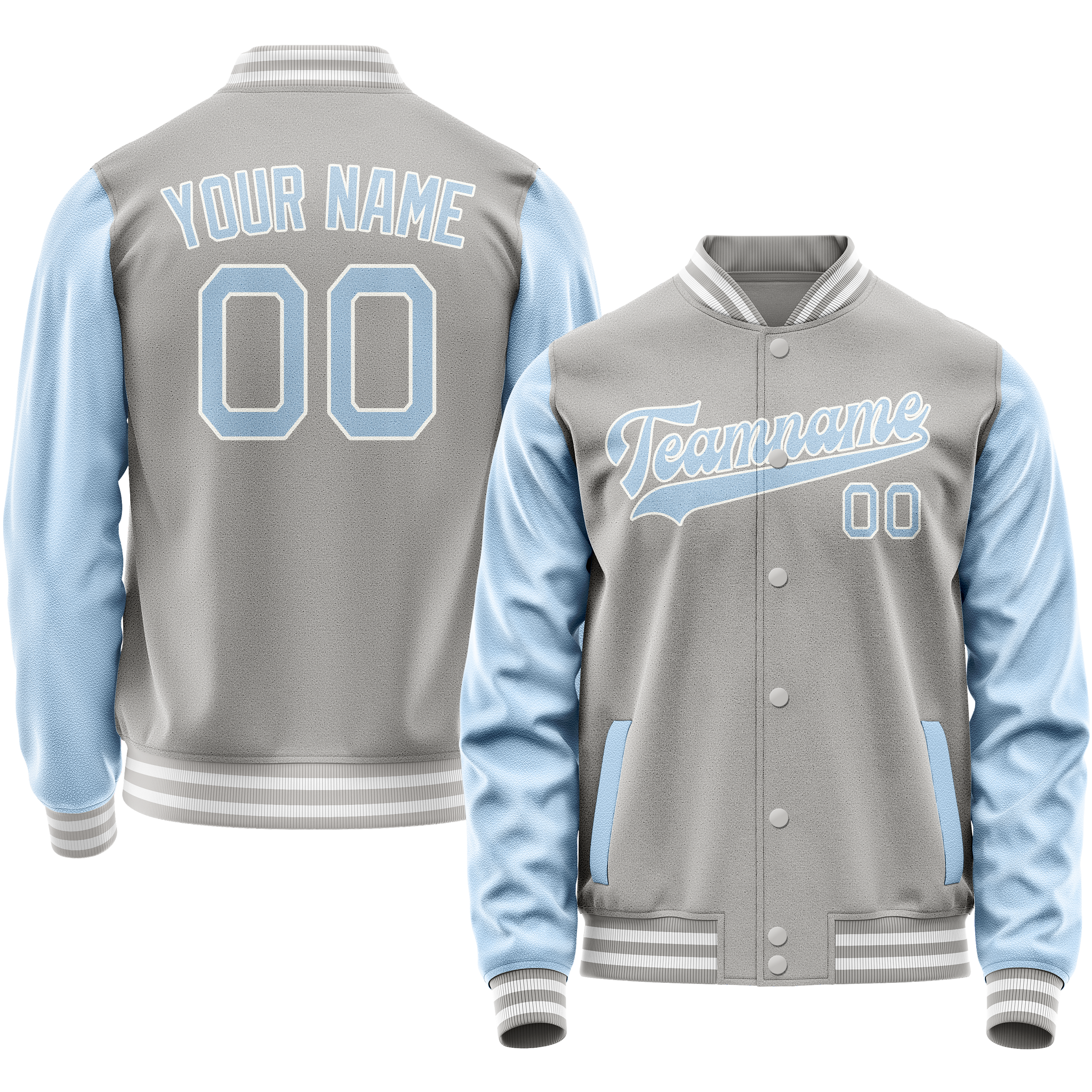 Custom Gray Light-Blue Solid Color Varsity Letterman Jacket JA02240617YH155