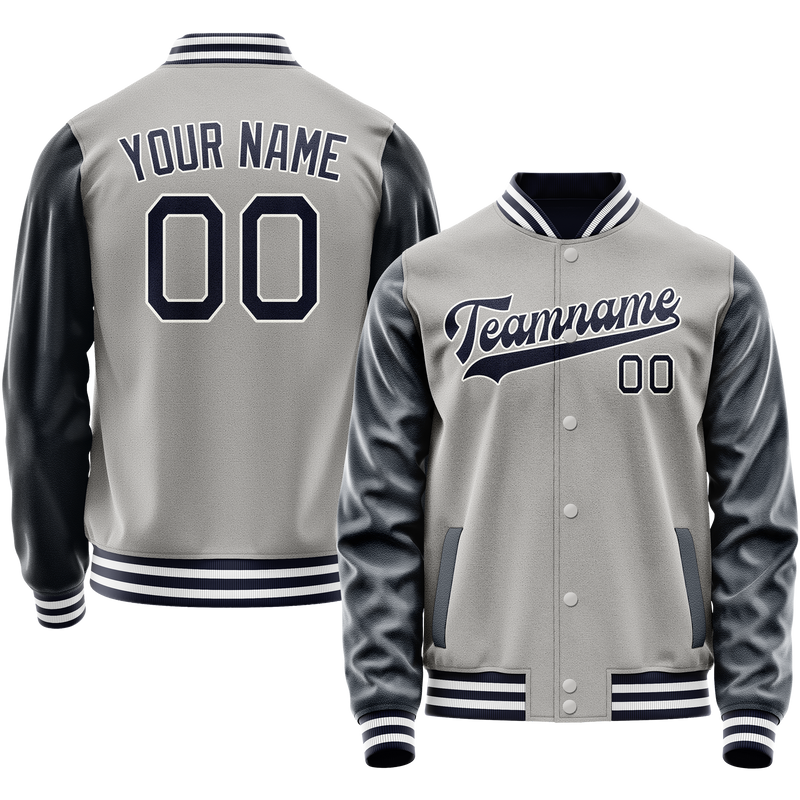 Custom Gray Navy Solid Color Varsity Letterman Jacket JA02240617YH166