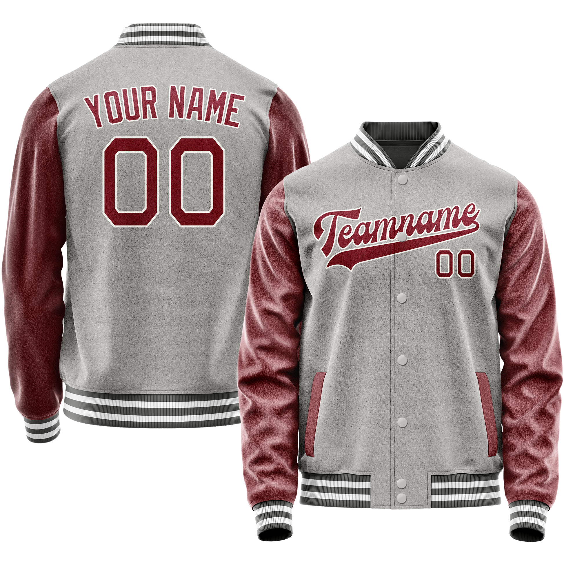 Custom Gray Crimson Solid Color Varsity Letterman Jacket JA02240617YH159