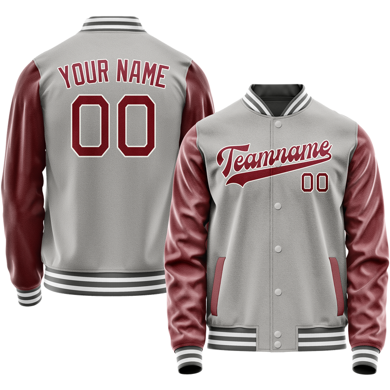 Custom Gray Crimson Solid Color Varsity Letterman Jacket JA02240617YH159