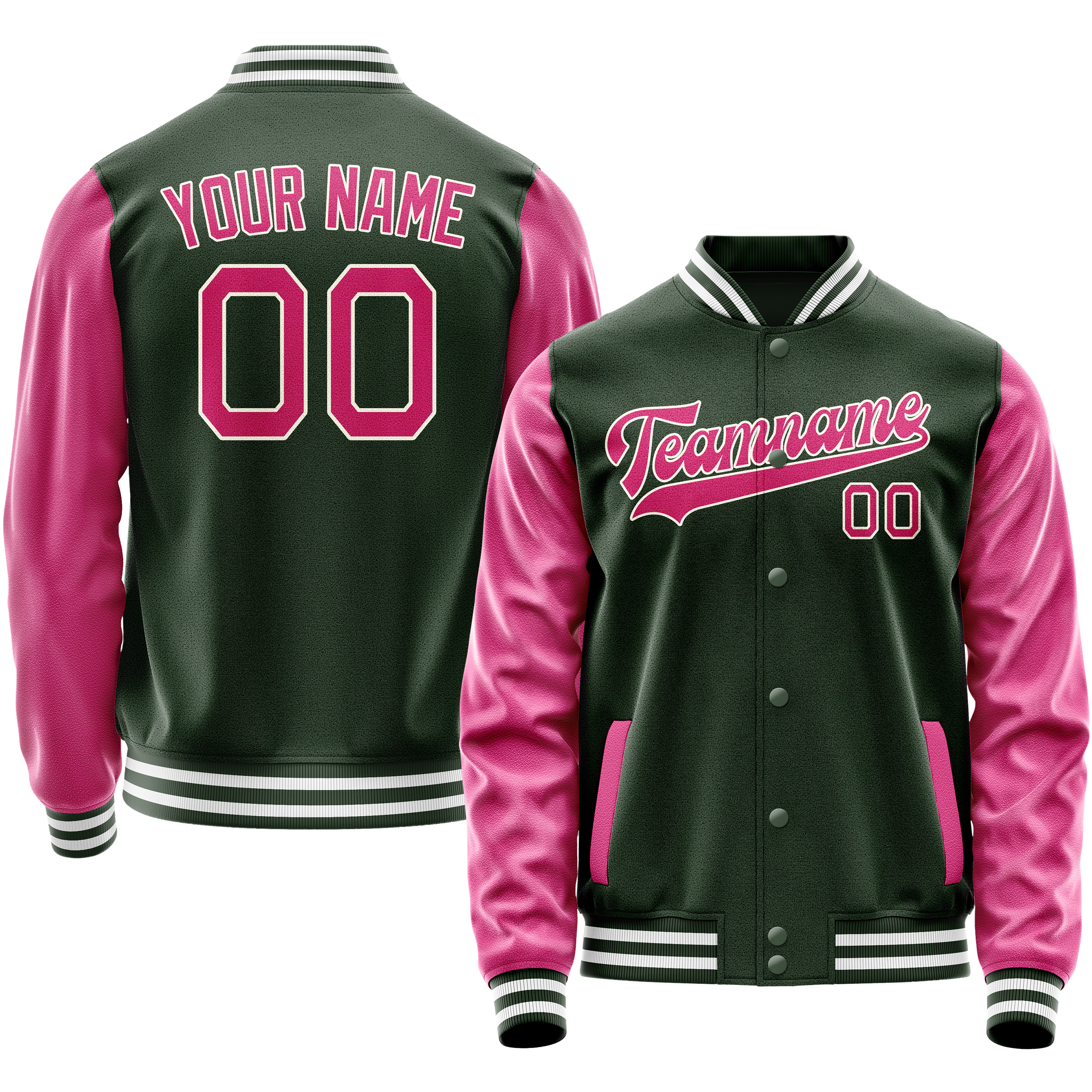 Custom Green Pink Solid Color Varsity Letterman Jacket JA02240617JG197
