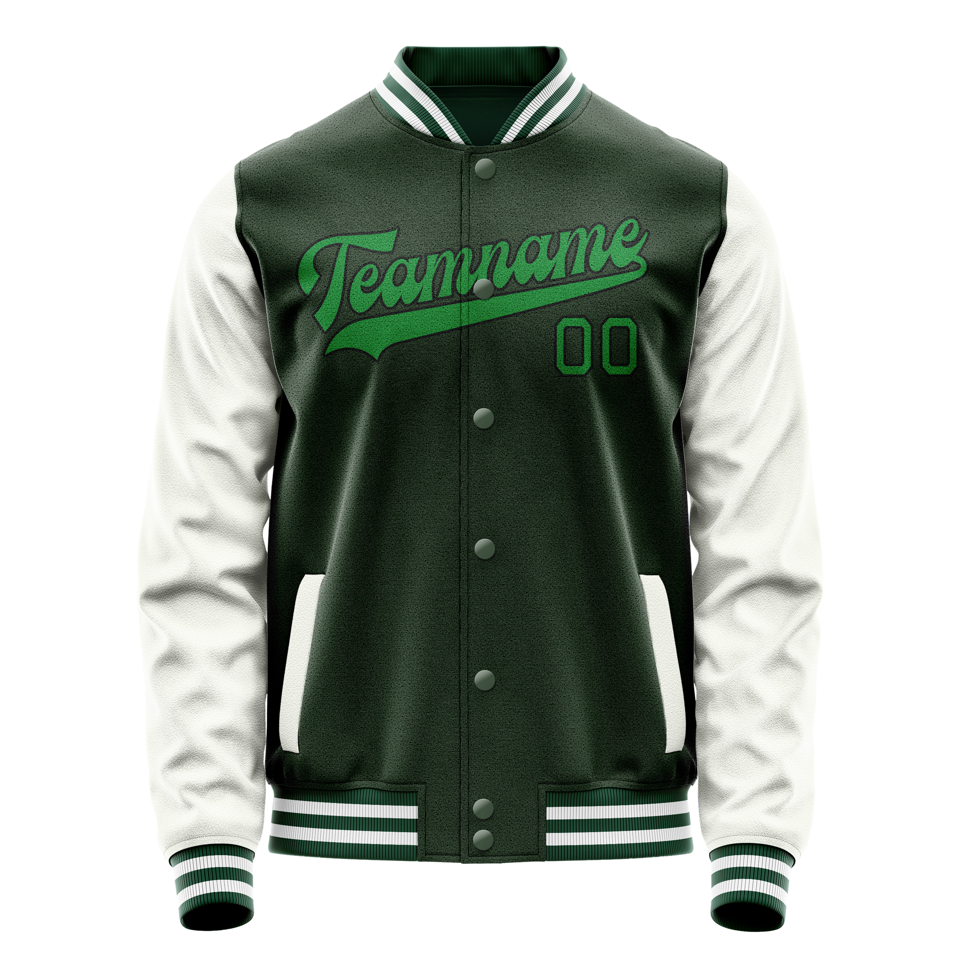 Custom Green White Solid Color Varsity Letterman Jacket JA02240617JG189