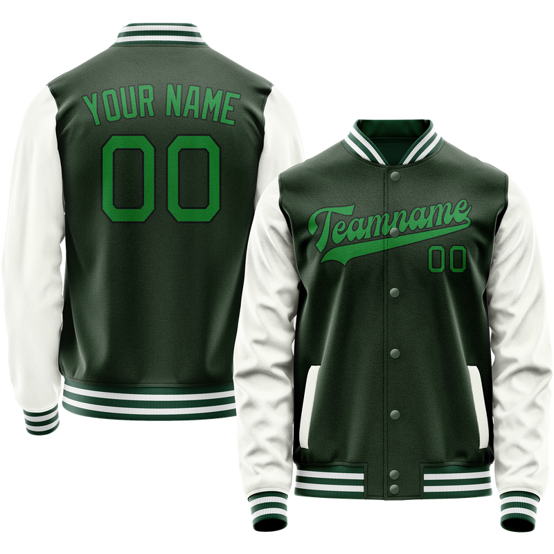 Custom Green White Solid Color Varsity Letterman Jacket JA02240617JG189