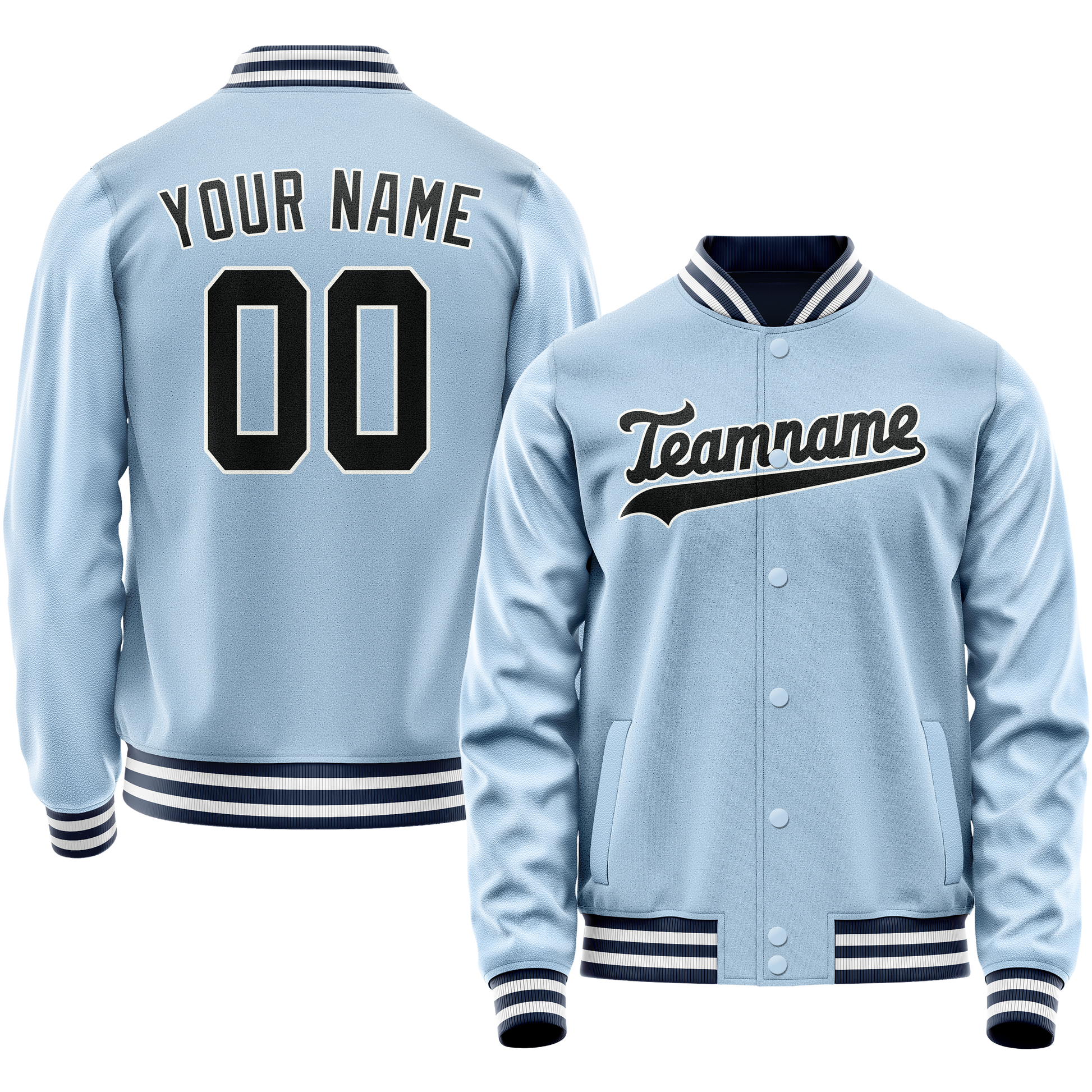 Custom Light-Blue Black Solid Color Varsity Letterman Jacket JA02240617JC242