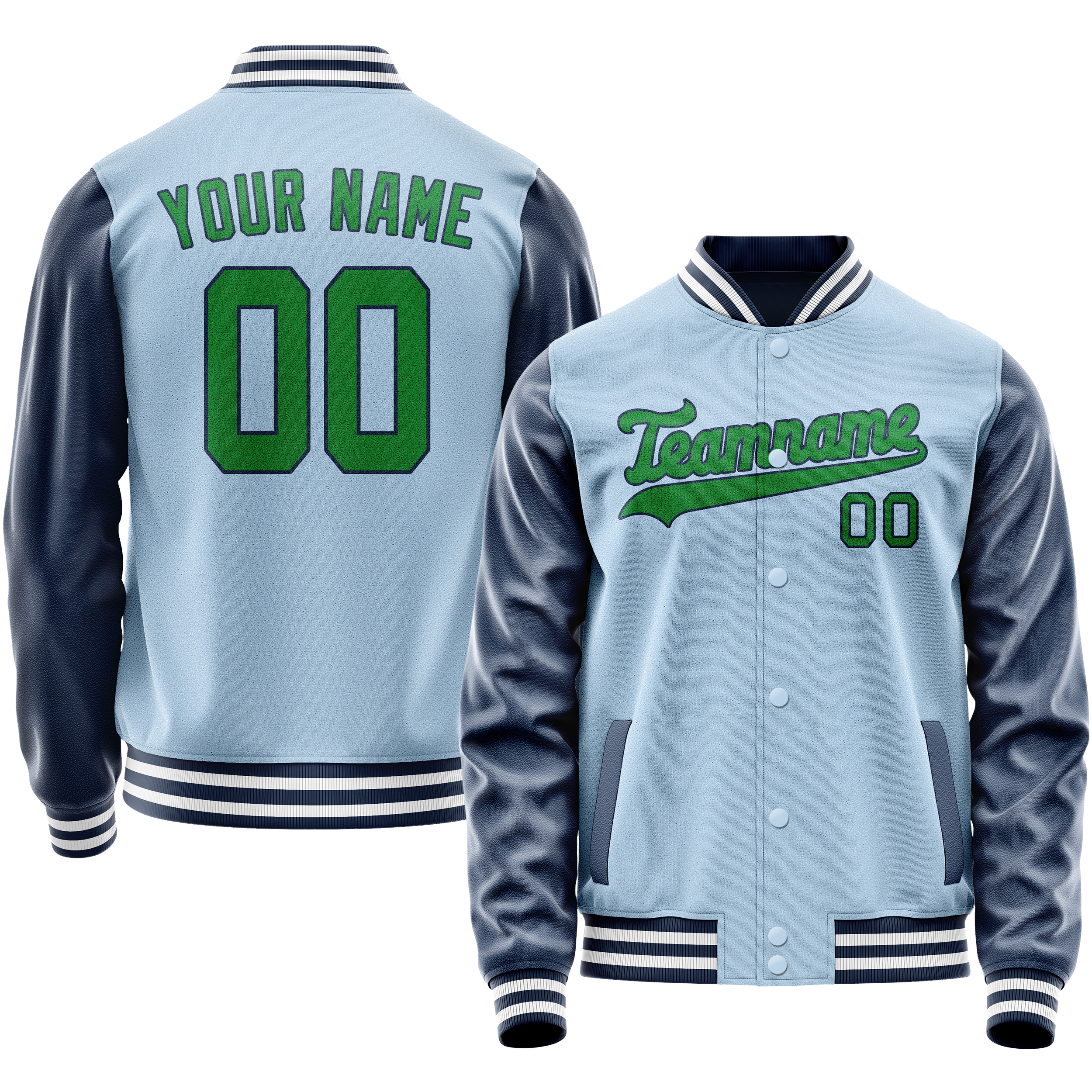 Custom Light-Blue Neon-Green Solid Color Varsity Letterman Jacket JA02240617JC259