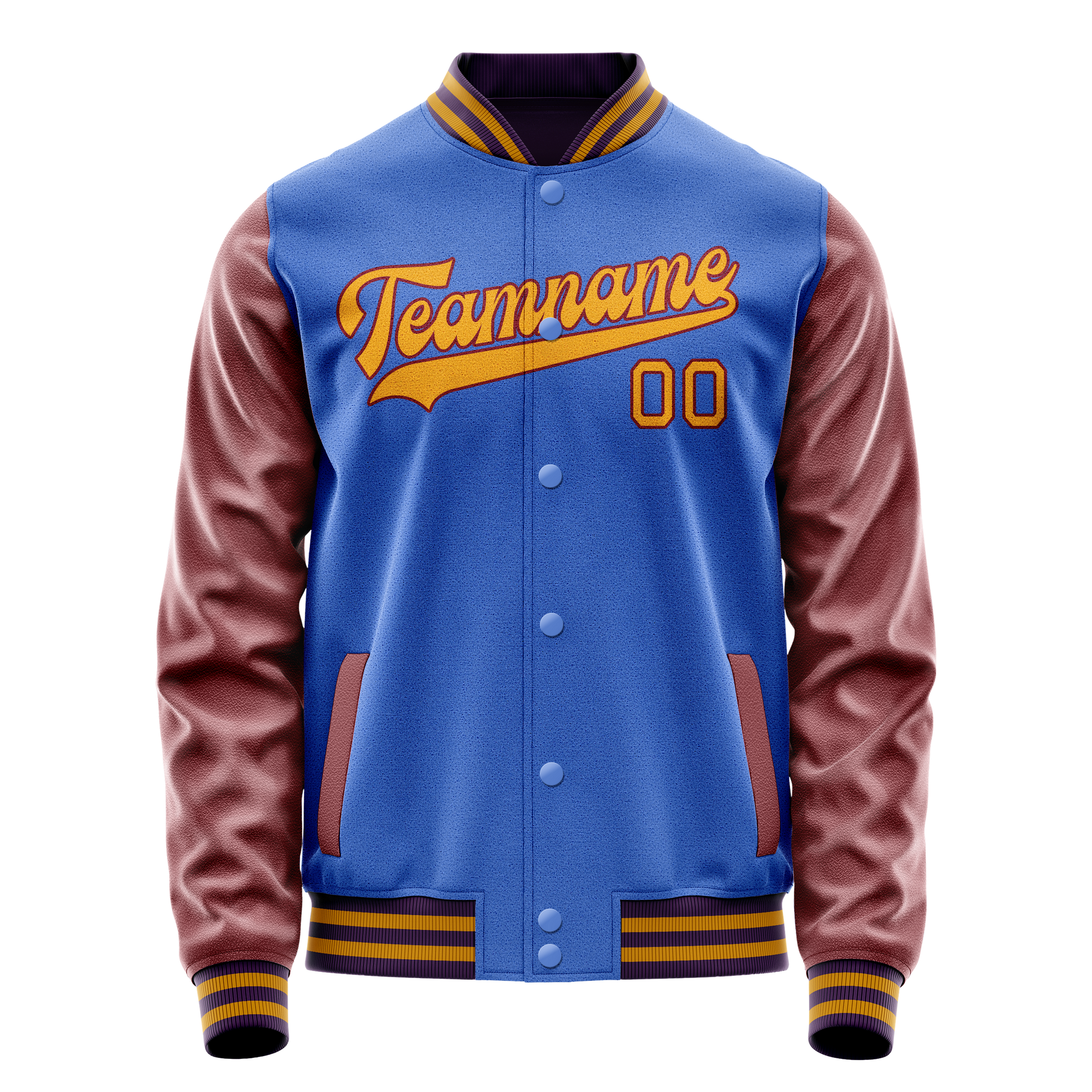 Custom Electric-Blue Brown Solid Color Varsity Letterman Jacket JA02240617YH122