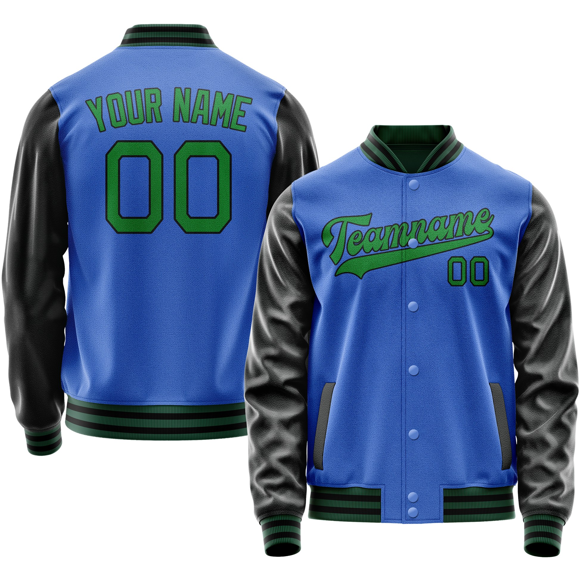 Custom Electric-Blue Neon-Green Solid Color Varsity Letterman Jacket JA02240617YH145