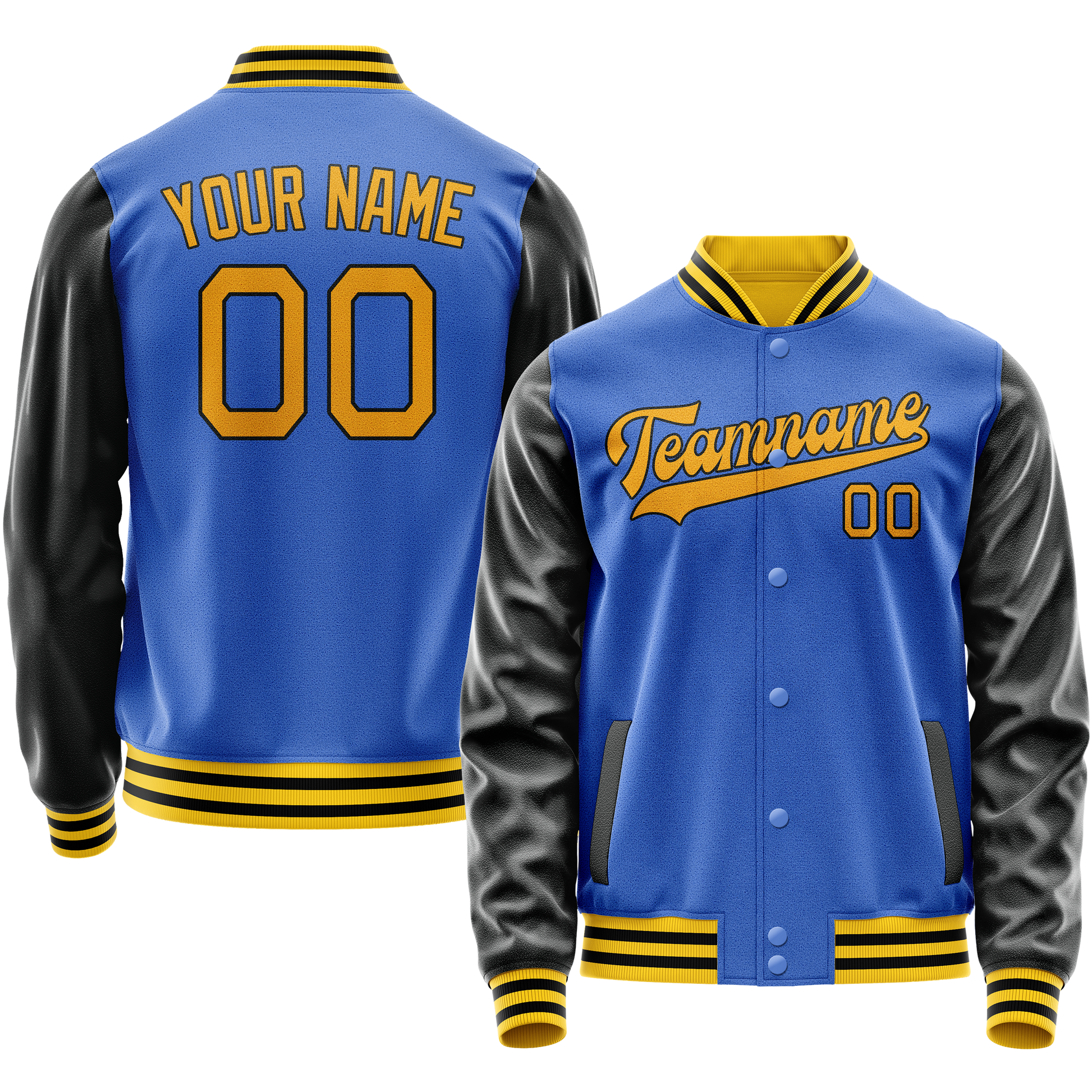 Custom Electric-Blue Black Solid Color Varsity Letterman Jacket JA02240617YH138