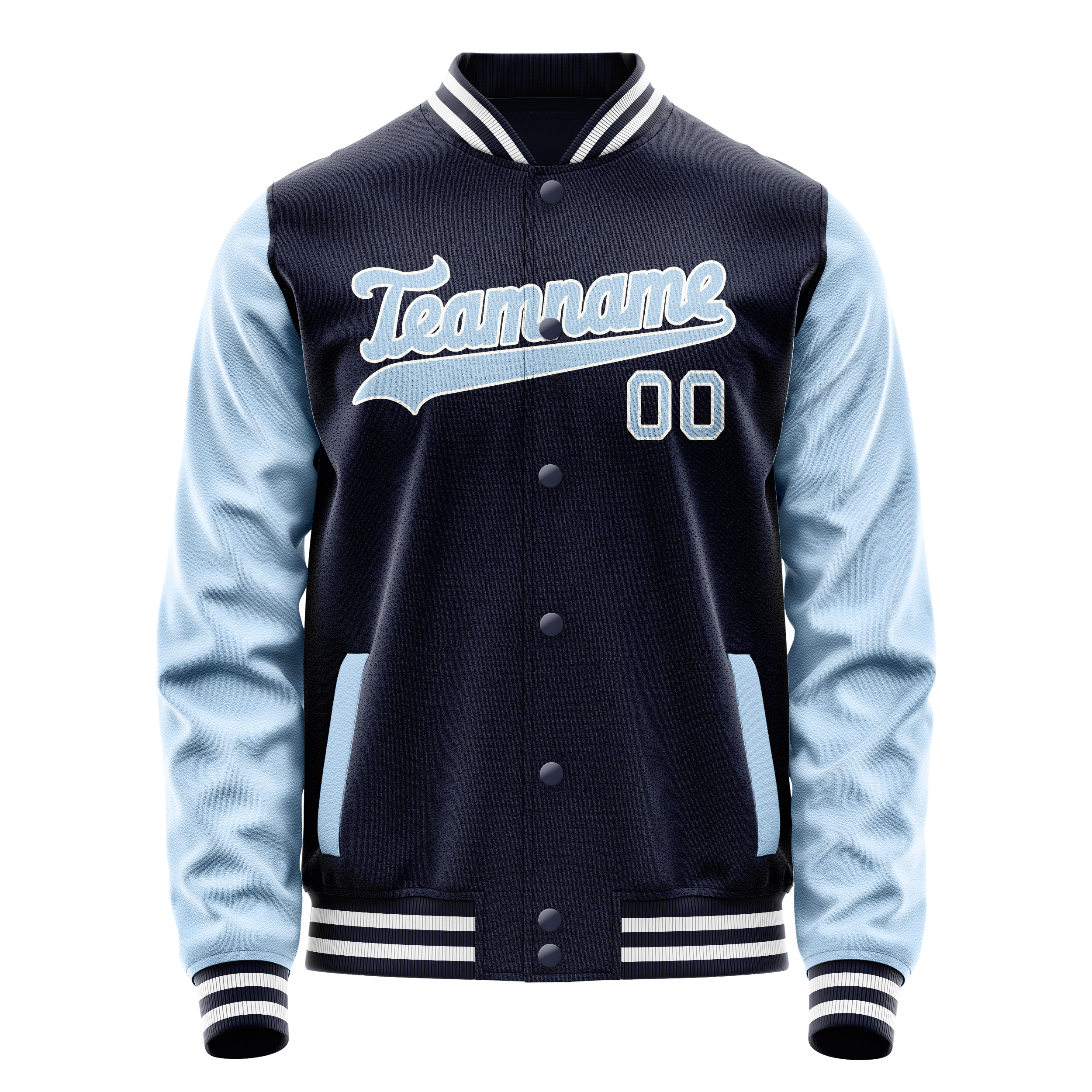 Custom Navy Light-Blue Solid Color Varsity Letterman Jacket JA02240617KZ294